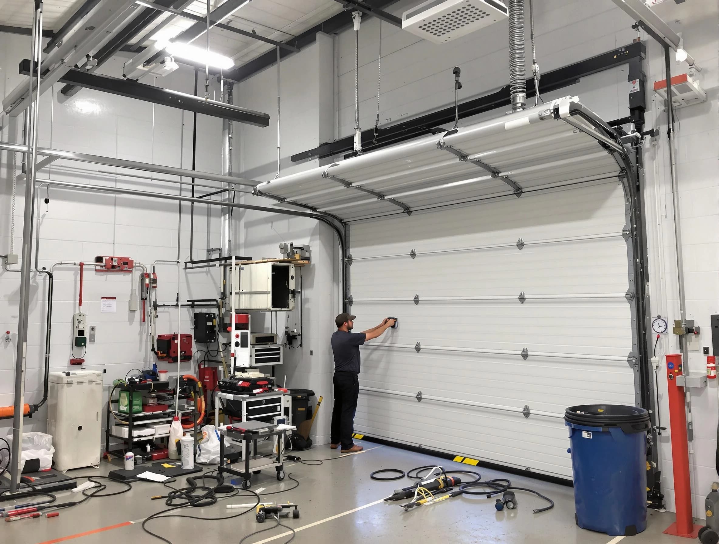 Fairview Garage Door Repair certified technician performing commercial door repair at a Fairview business facility