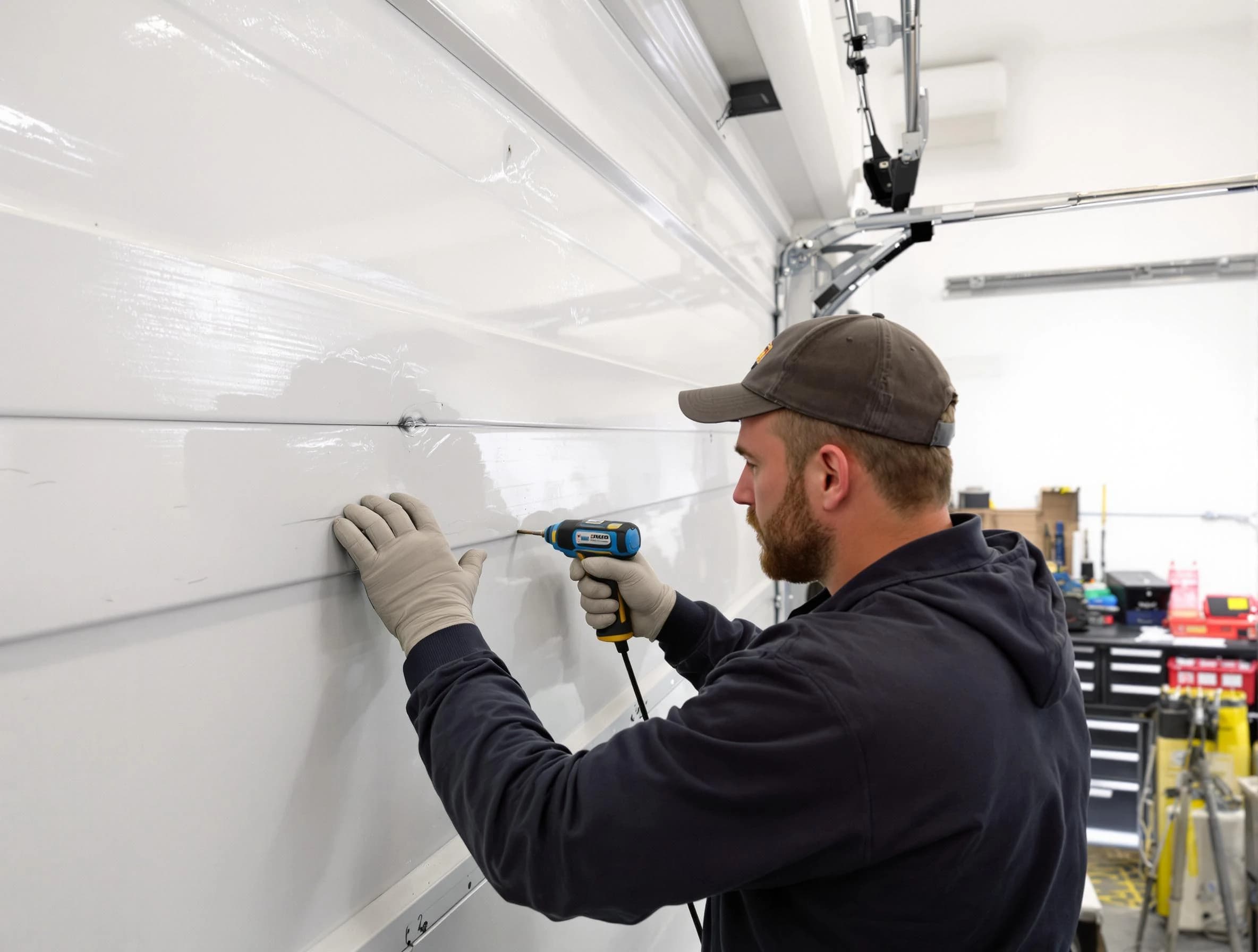 Fairview Garage Door Repair technician demonstrating precision dent removal techniques on a Fairview garage door