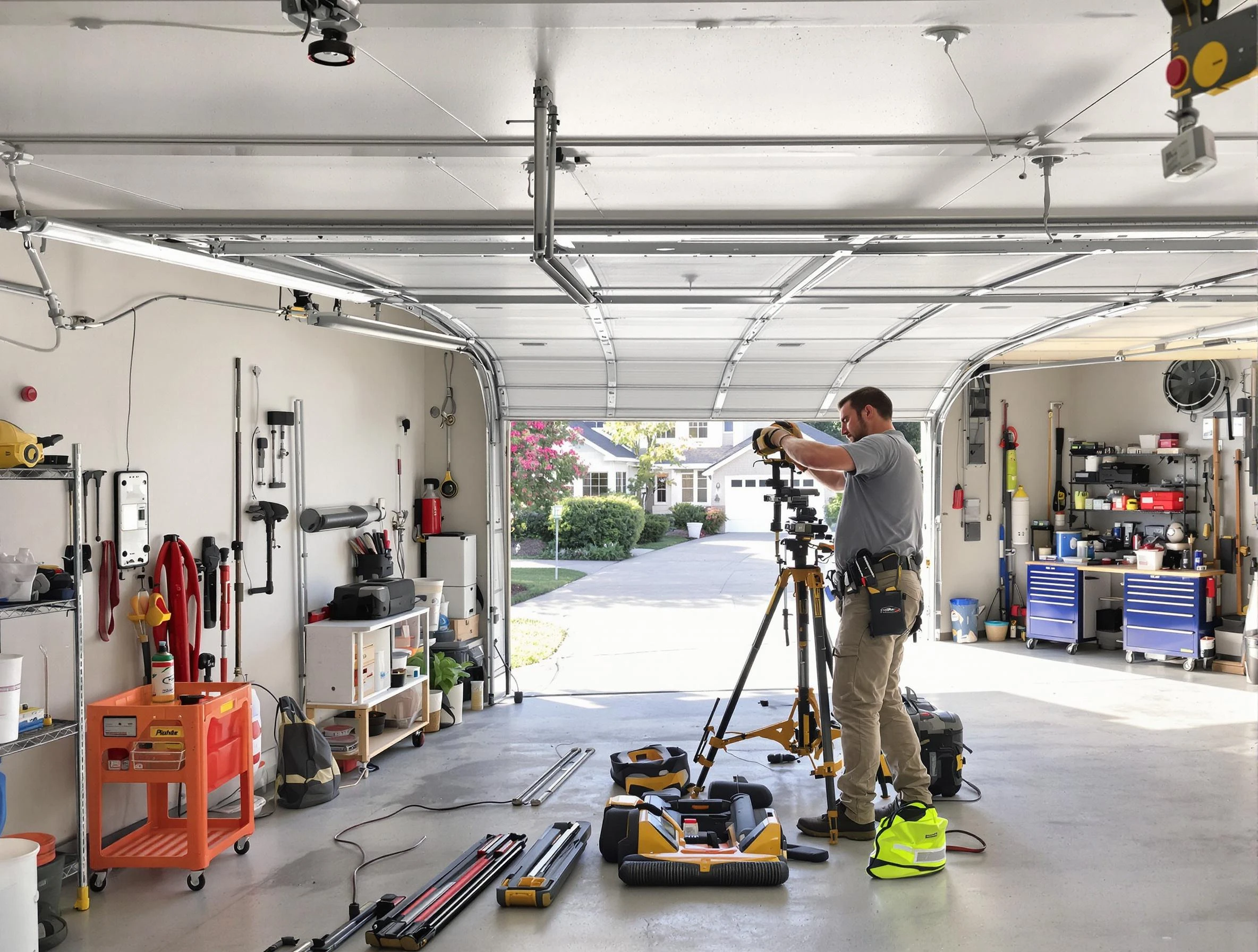 Fairview Garage Door Repair specialist performing laser-guided track alignment in Fairview